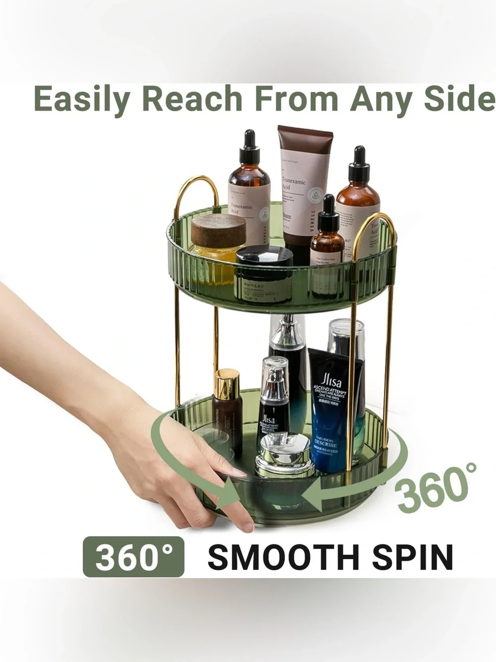 Glass Two-Tier Vanity Organizer Tray with Gold Handles - Green